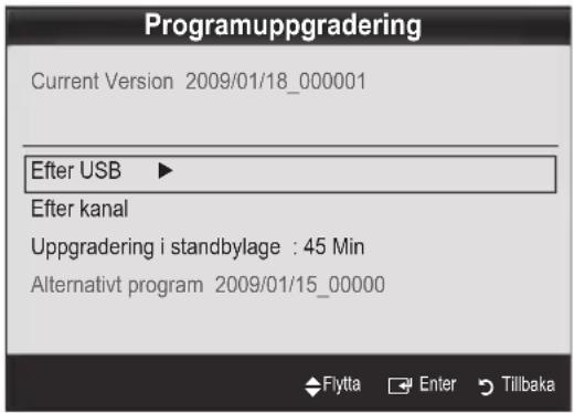 Programuppgradering Current Version 2009/01/18_000001 After USB ▶ After kanal Uppgradering i standbylage : 45 Min Alternativt program 2009/01/15_00000 Flytta Enter Tillbaka