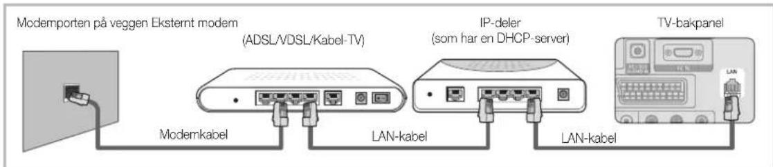 Modemporten på veggen Eksternt modem (ADSL/VDSL/Kabel-TV) IP-deler (som har en DHCP-server) TV-bakpanel Modemkabel LAN-kabel LAN-kabel
