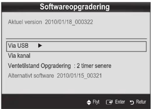 Softwareopgradering Aktuel version 2010/01/18_000322 Via USB ▶ Via kanal Ventetilstand Opgradering : 2 timer senere Alternativt software 2010/01/15_00321 Flyt Enter Retur
