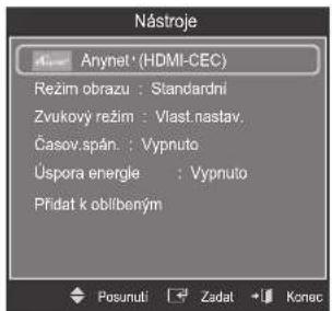 Nástroje Anynet (HDMI-CEC) Režim obrazu : Standardní Zvukový režim : Vlast.nastav. Časov.spán. : Vypnuto Úspora energie : Vypnuto Přídat k obblbeným