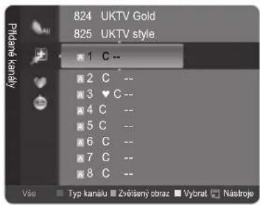 Přídaný kanály 824 UKTV Gold 825 UKTV style 1 C -- 2 C -- 3 ♥ C -- 4 C -- 5 C -- 6 C -- 7 G -- 8 C -- Vše Typ kanálu Zvěříšený obraz Vybrat Nástroje