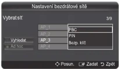Nastavení bezdrátové sítě Vybrat sít' 3/9 AP_1 PBC AP_2 PIN Vyhledat AP_3 Bezp. klč Ad hoc AP_4 Posun. Zadat Zpět