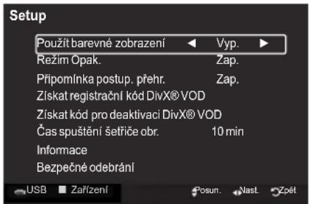 Setup Použit barevné zobrazení Vyp. Režim Opak. Zap. Připomínka postup. přehr. Zap. Získat registrační kód DivX® VOD Získat kód pro deaktivaci DivX® VOD Čas spuštění šetříče obr. 10 min Informace Bezpečné odebrání USB Zařízení Posun. Nast. Zpět