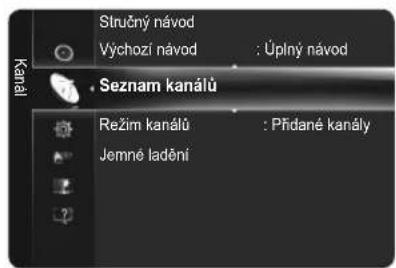 Stručný návod Výchozí návod : Úplný návod Seznam kanálů Režim kanálů : Přidané kanály Jemné ladění