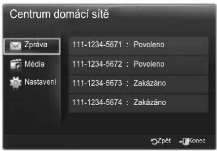 Centrum domácí sítě Zpráva 111-1234-5671 : Povoleno Média 111-1234-5672 : Povoleno Nastavení 111-1234-5673 : Zakázáno 111-1234-5674 : Zakázáno Zpět - Konec