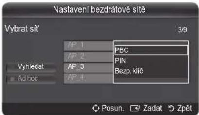 Nastavení bezdrátové sítě Vybrat sít' 3/9 AP_1 PBC AP_2 PIN AP_3 Bezp. klič AP_4 Vyhiledat Ad hoc Posun. Zadat Zpět