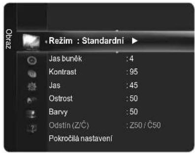 Režim : Standardní Jas buněk : 4 Kontrast : 95 Jas : 45 Ostrost : 50 Barvy : 50 Odstín (Z/Č) : Z50 / Č50 Pokročila nastavení