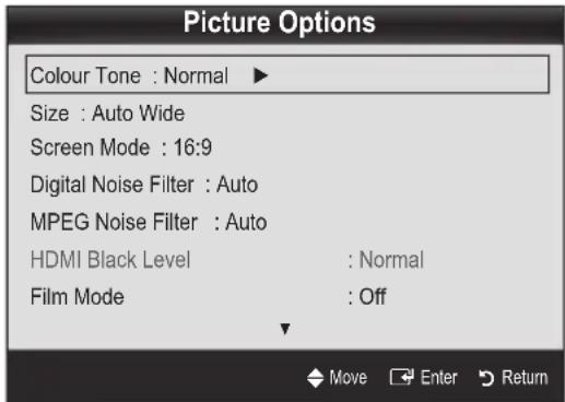Picture Options Colour Tone : Normal ▶ Size : Auto Wide Screen Mode : 16:9 Digital Noise Filter : Auto MPEG Noise Filter : Auto HDMI Black Level : Normal Film Mode : Off Move Enter Return