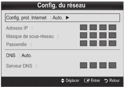 Config. du réseau Config. prot. Internet : Auto. Adresse IP : Masque de sous-réseau : Passerelle : DNS : Auto. Serveur DNS :