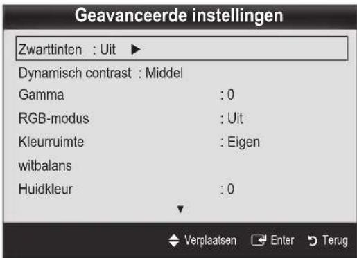 Geavanceerde instellingen Zwarttinten : Uit ▶ Dynamisch contrast : Middel Gamma : 0 RGB-modus : Uit Kleurruimte : Eigen witbalans Huidkleur : 0 Verplaatsen Enter Terug