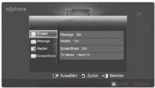 ojlshare Einstel. Message : Ein Medien : Ein ScreenShare : Ein TV-Name : Hem-TV Auswählen Zurück Beenden Einstell Zurück