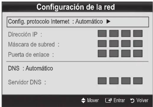 Configuración de la red Config. protocolo Internet : Automático ▶ Dirección IP : Máscara de subred : Puerta de enlace : DNS : Automático Servidor DNS :