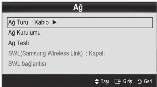 Ağ Ağ Türü : Kablo ▶ Ağ Kurulumu Ağ Testi SWL(Samsung Wireless Link) : Kapalı SWL bağlantısı Taşı Giriş Geri