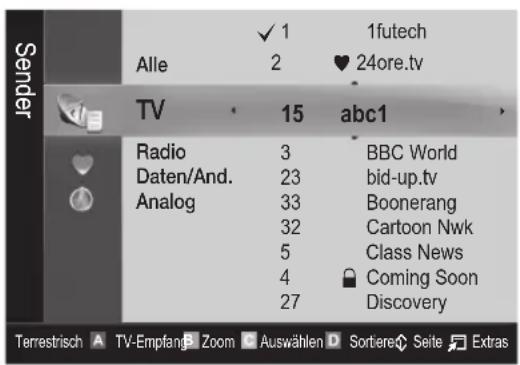 Sender Alle √ 1 2 1futech ♥ 24ore.tv TV 15 abc1 Radio 3 BBC World Daten/And. 23 bid-up.tv Analog 33 Boonerang 32 Cartoon Nwk 5 Class News 4 Coming Soon 27 Discovery Terrestrisch ▲ TV-Empfang ▼ Zoom ▼ Auswählen ▼ Sortiere ▶ Seite ▷ Extras
