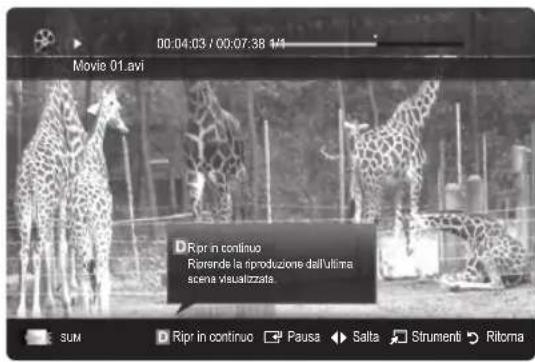 00:04:03 / 00:07:38 1/4 Movie 01.avi DRor in continuo Riorende la riproduzione dall'ultima scena visualizzata. SUM Ripir in continuo Pausa Salta Strumenti Riorna