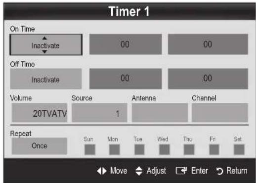 Timer 1 On Time Inactivate 00 00 Off Time Inactivate 00 00 Volume 20TVATV Source Antenna Channel Repeat Once Sun Mon Tue Wed Thu Fri Sat Move Adjust Enter Return
