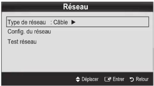 Réseau Type de réseau : Câble ▶ Config. du réseau Test réseau Déplacer Entrer Retour