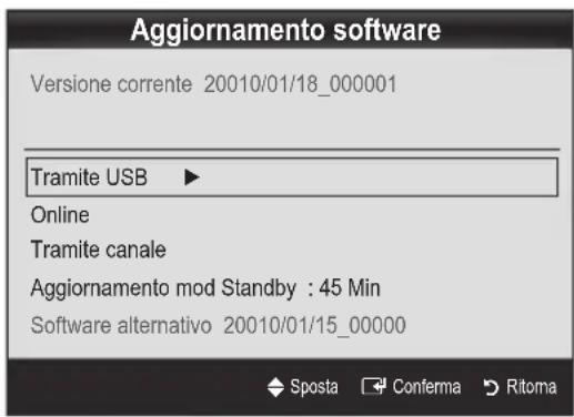 Aggiornamento software Versione corrente 20010/01/18_000001 Tramite USB ▶ Online Tramite canale Aggiornamento mod Standby : 45 Min Software alternativo 20010/01/15_00000 ◆ Sposta □ Conferma ➕ Ritoma