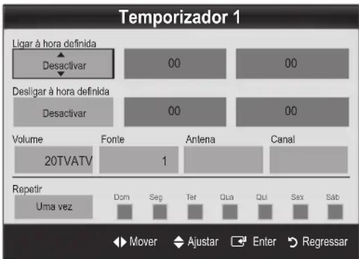 Temporizador 1 Ligar à hora definida Desactivar 00 00 Desligar à hora definida Desactivar 00 00 Volume 20TVATV Fonte 1 Anlena Canal Repetir Uma vez Dom Seg Ter Qua Qui Sex Sab Mover Ajustar Enter Regressar