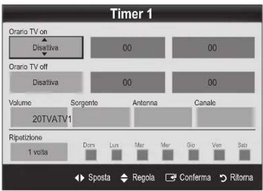 Timer 1 Orario TV on Disattiva 00 Orario TV off Disattiva 00 Volume 20TVATV1 Sorgente Antenna Canale Ripatizione 1 volta Dom Lun Mer Mer Go Ven Sab Sposta Regola Conferma Ritorna