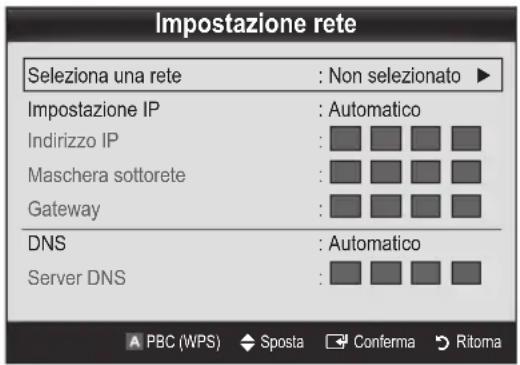 Impostazione rete Seleziona una rete : Non selezionato ▶ Impostazione IP : Automatico Indirizzo IP : Maschera sottorete : Gateway : DNS : Automatico Server DNS : A PBC (WPS) ◆ Sposta Conferma Ritoma