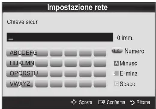 Impostazione rete Chiave sicur — 0 imm. ABCDEFGHIJKLMNOPQRSTUVWXYZ ABCDEFG HIJKLMN OPQRSTU 0-9 Numero A Minusc B Elimina C Space Sposta Conferma Ritoma