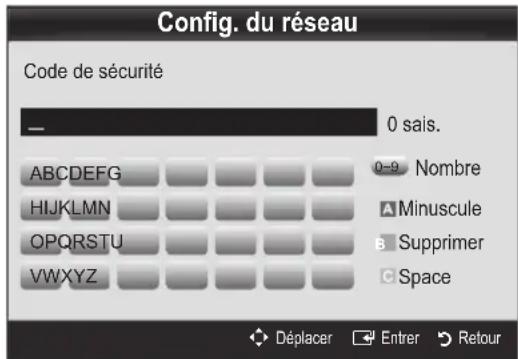 Config. du réseau Code de sécurité — 0 sais. ABCDEFGHIJKLMNOPQRSTUVWXYZ A B C A D E F G H I K L M N O P Q R S T U V W X Y Z 0-9 Nombre A Minuscule B Supprimer C Space Déplacer Entrer Retour