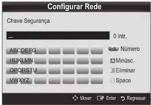 Configurar Rede Chave Segurança 0 intr. ABCDEFG HIJKLMN OPQRSTU VWXYZ 0-9 Número Minúsc. Eliminar Space Mover Enter Regressar
