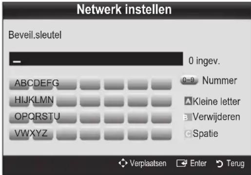 Netwerk instellen Beveil.sleutel 0 ingev. ABCDEFG HIJKLMN OPQRSTU VWXYZ 0-9 Nummer A Kleine letter B Verwijderen C Spatie Verplaatsen Enter Terug