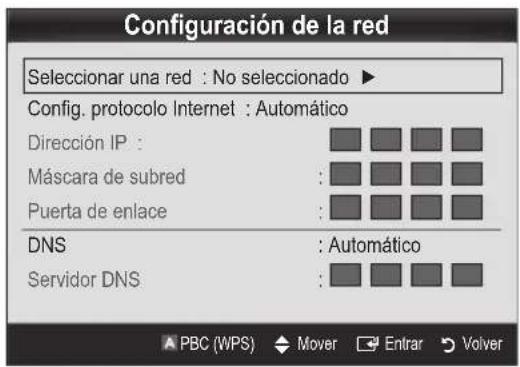 Configuración de la red Seleccionar una red : No seleccionado ▶ Config. protocolo Internet : Automático Dirección IP : Máscara de subred : Puerta de enlace : DNS : Automático Servidor DNS :