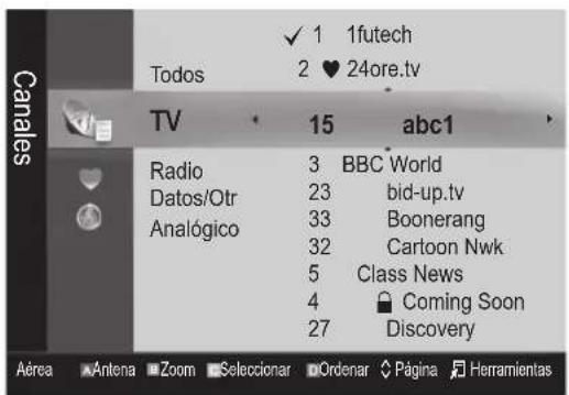 Canales Todos ✓ 1 1futech 2 ♥ 24ore.tv TV 15 abc1 Radio 3 BBC World Datos/Otr 23 bid-up.tv Analogico 33 Boonerang 32 Cartoon Nwk 5 Class News 4 Coming Soon 27 Discovery Aérea Antena Zoom Seleccionar Ordenar Página Herramientas