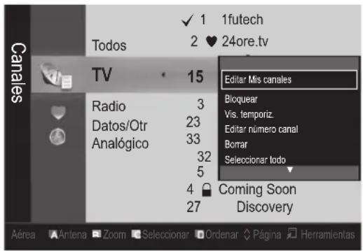 Todos TV Radio Datos/Otr Analogico 15 3 23 33 32 5 4 27 Editar Mis canales Bloquear Vis. temporiz. Editar número canal Borrar Seleccionar lodo Coming Soon Discovery