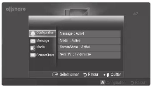 o)share Configuration Message : Activé Media : Activé Média ScreenShare ScreenShare : Activé Nom TV : TV domicile Sélectionner Retour Quiter Configuration Retour