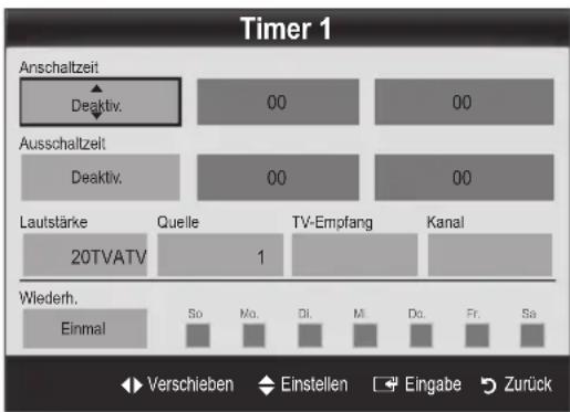 Timer 1 Anschaltzeit Deaktiv. 00 00 Ausschaltzeit Deaktiv. 00 00 Lautstärke 20TVATV Quelle 1 TV-Empfang Kanal Wiederh. Einmal So Mo. Di. Mi. Do. Fr. Sa Verschieben Einstellen Eingabe Zurück
