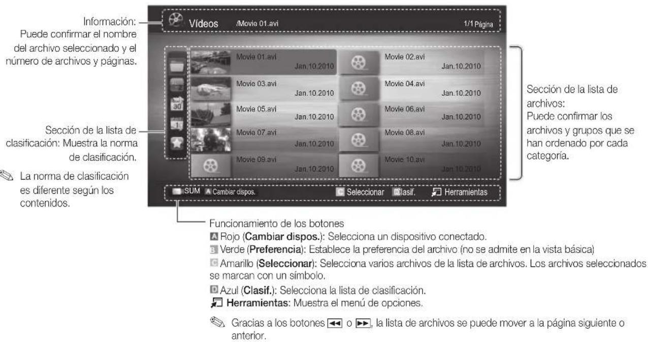 Información: Puede confirmar el nombre del archivo seleccionado y el número de archivos y páginas. Sección de la lista de clasificación: Muestra la norma de clasificación. La norma de clasificación es diferente según los contenidos. Vídeos /Movie 01.avi 1/1 Página Movie 01.avi Jan.10.2010 Movie 02.avi Jan.10.2010 Movie 03.avi Jan.10.2010 Movie 04.avi Jan.10.2010 Movie 05.avi Jan.10.2010 Movie 06.avi Jan.10.2010 Movie 07.avi Jan.10.2010 Movie 08.avi Jan.10.2010 Movie 09.avi Jan.10.2010 Movie 10.avi Jan.10.2010 SUM Cambiar dispos. Seleccionar Clasif. Herramientas Funcionamiento de los botones Rojo (Cambiar dispos.): Selecciona un dispositivo conectado. Verde (Preferencia): Establece la preferencia del archivo (no se admite en la vista básica) Amarillo (Selecionar): Selecciona varios archivos de la lista de archivos. Los archivos seleccionados se marcan con un símbolo. Azul (Clasif.): Selecciona la lista de clasificación. Herramientas: Muestra el menú de opciones. Gracias a los botones o, la lista de archivos se puede mover a la página siguiente o anterior.