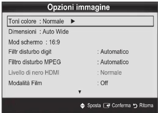 Opzioni immagine Toni colore : Normale ▶ Dimensioni : Auto Wide Mod schermo : 16:9 Filtr disturbo digit : Automatico Filtro disturbo MPEG : Automatico Livello di nero HDMI : Normale Modalità Film : Off ◆ Sposta ☐ Conferma ↗ Ritoma