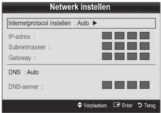 Netwerk instellen Internetprotocol instellen : Auto ► IP-adres : Subnetmasker : Gateway : DNS : Auto DNS-server :