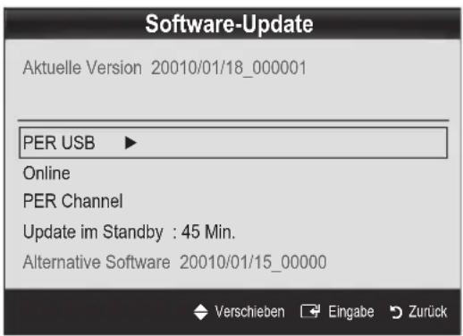 Software-Update Aktuelle Version 20010/01/18_000001 PER USB ► Online PER Channel Update im Standby : 45 Min. Alternative Software 20010/01/15_00000 Verschieben Eingabe Zurück