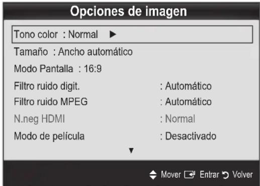 Opciones de imagen Tono color : Normal ▶ Tamaño : Ancho automático Modo Pantalla : 16:9 Filtro ruido digit. : Automático Filtro ruido MPEG : Automático N.neg HDMI : Normal Modo de película : Desactivado Mover Entrar Volver