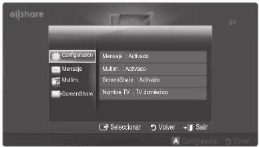 Configuración Mensaje : Activado Multim. : Activado ScreenShare : Activado Nombre TV : TV doméstico