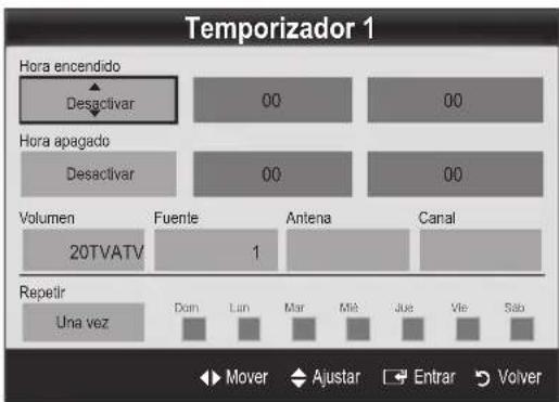 Temporizador 1 Hora encendido Desactivar 00 00 Hora apagado Desactivar 00 00 Volumen 20TVATV Fuente 1 Antena Canal Repetir Una vez Dom Lan Mar Mkt Jue Vie Sab Mover Ajustar Entrar Volver