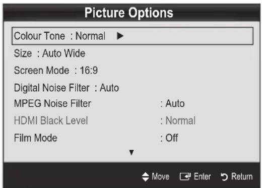 Picture Options Colour Tone : Normal ▶ Size : Auto Wide Screen Mode : 16:9 Digital Noise Filter : Auto MPEG Noise Filter : Auto HDMI Black Level : Normal Film Mode : Off Move Enter Return