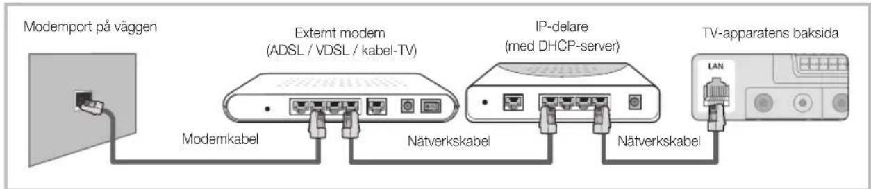 Modemport på väggen Externt modem (ADSL / VDSL / kabel-TV) IP-delare (med DHCP-server) TV-apparatens baksida Modemkabel Nätverkskabel Nätverkskabel LAN
