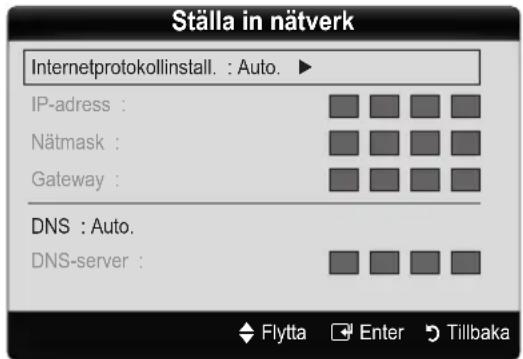 Ställa in nätverk Internetprotokollinstall. : Auto. IP-adress : Nätmask : Gateway : DNS : Auto. DNS-server :