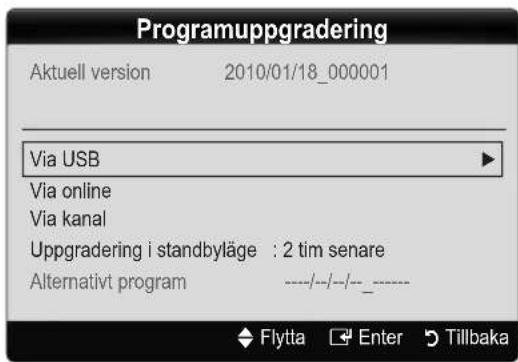 Programuppgradering Aktuell version 2010/01/18_000001 Via USB Via online Via kanal Uppgradering i standbyläge : 2 tim senare Alternativt program ----/--/--/---- Flytta Enter Tillbaka