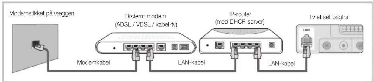 Modemstikket på væggen Eksternt modem (ADSL / VDSL / kabel-tv) IP-router (med DHCP-server) TV'et set bagfra Modemkabel LAN-kabel LAN-kabel