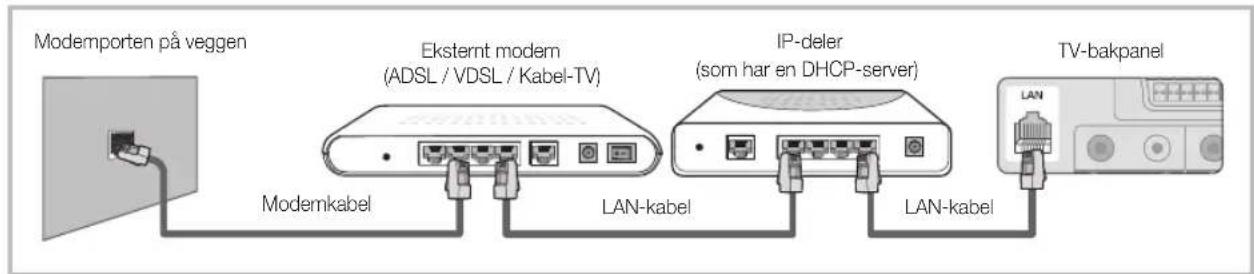 Modemporten på veggen Eksternt modem (ADSL / VDSL / Kabel-TV) IP-deler (som har en DHCP-server) TV-bakpanel Modernkabel LAN-kabel LAN-kabel