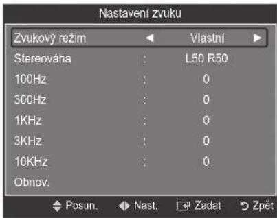Nastavení zvuku Zvukový režim Vlastní Stereováha : L50 R50 100Hz : 0 300Hz : 0 1KHz : 0 3KHz : 0 10KHz : 0 Obnov. Posun. Nast. Zadat Zpět