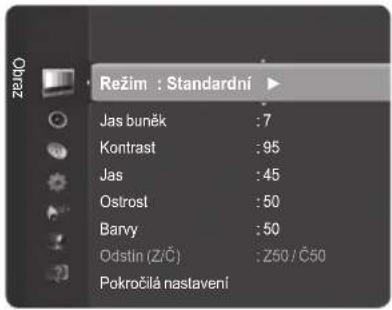 Režim : Standardní Jas buněk : 7 Kontrast : 95 Jas : 45 Ostrost : 50 Barvy : 50 Odstín (ZIČ) : Z50 / Č50 Pokročilá nastavení