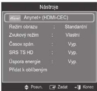 Nástroje Anynet+ (HDMI-CEC) Režim obrazu : Standardní Zvukový režim : Vlastní Časov. spán. : Vyp. SRS TS HD : Vyp. Úspora energie : Vyp. Přídat k oblibeným Posun. Zadat Konec